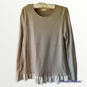 Altar'd State Brown and White Stripe Long Sleeve Top Ruffle Hem Size L